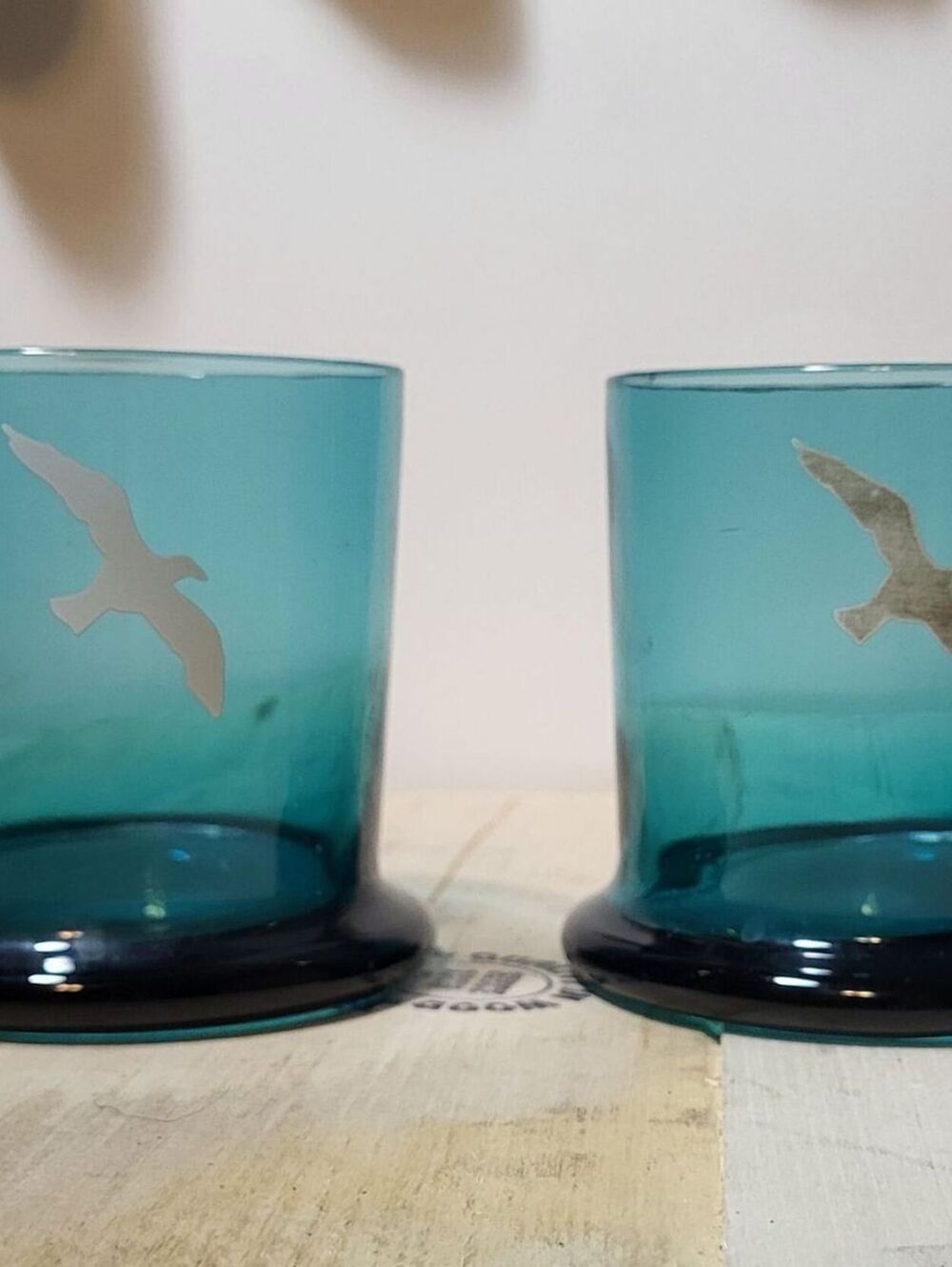 Vintage 1971 MCM South Coast Teal Blue Seagull Rocks Glasses - Pair of 2